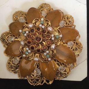Lee Angel Gold Leaf Rhinestones Brooch